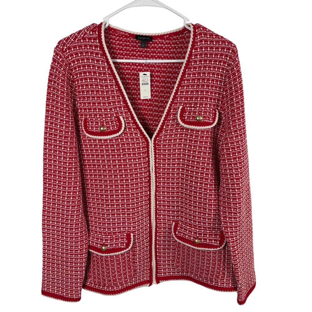 NWT Talbots Sweater Blazer L Red Tweed Lady Jacket Holiday Preppy Old Money Chic
